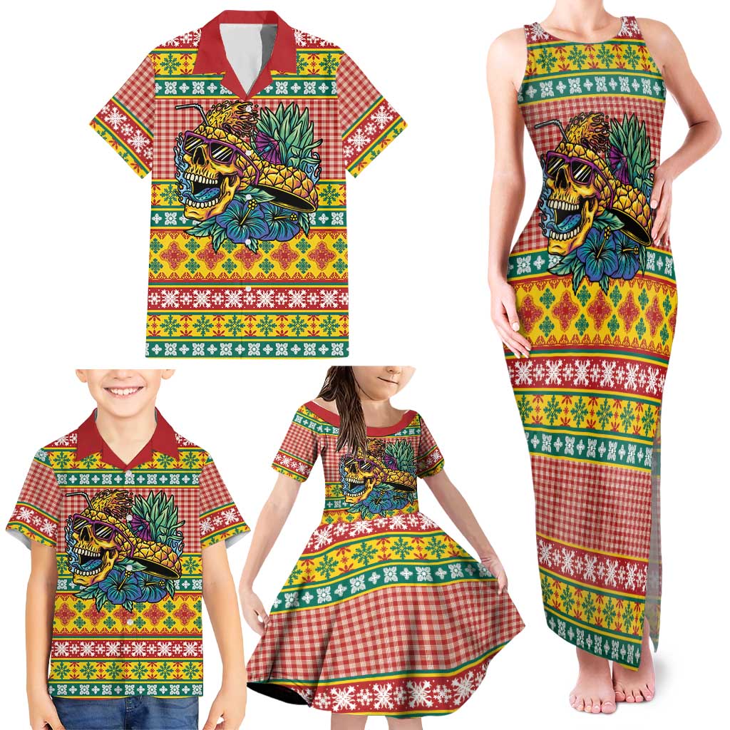 Hawaiian Pineapples Skull Family Matching Tank Maxi Dress and Hawaiian Shirt Mele Kalikimaka Palaka Quilt Pattern - Polynesian Pride