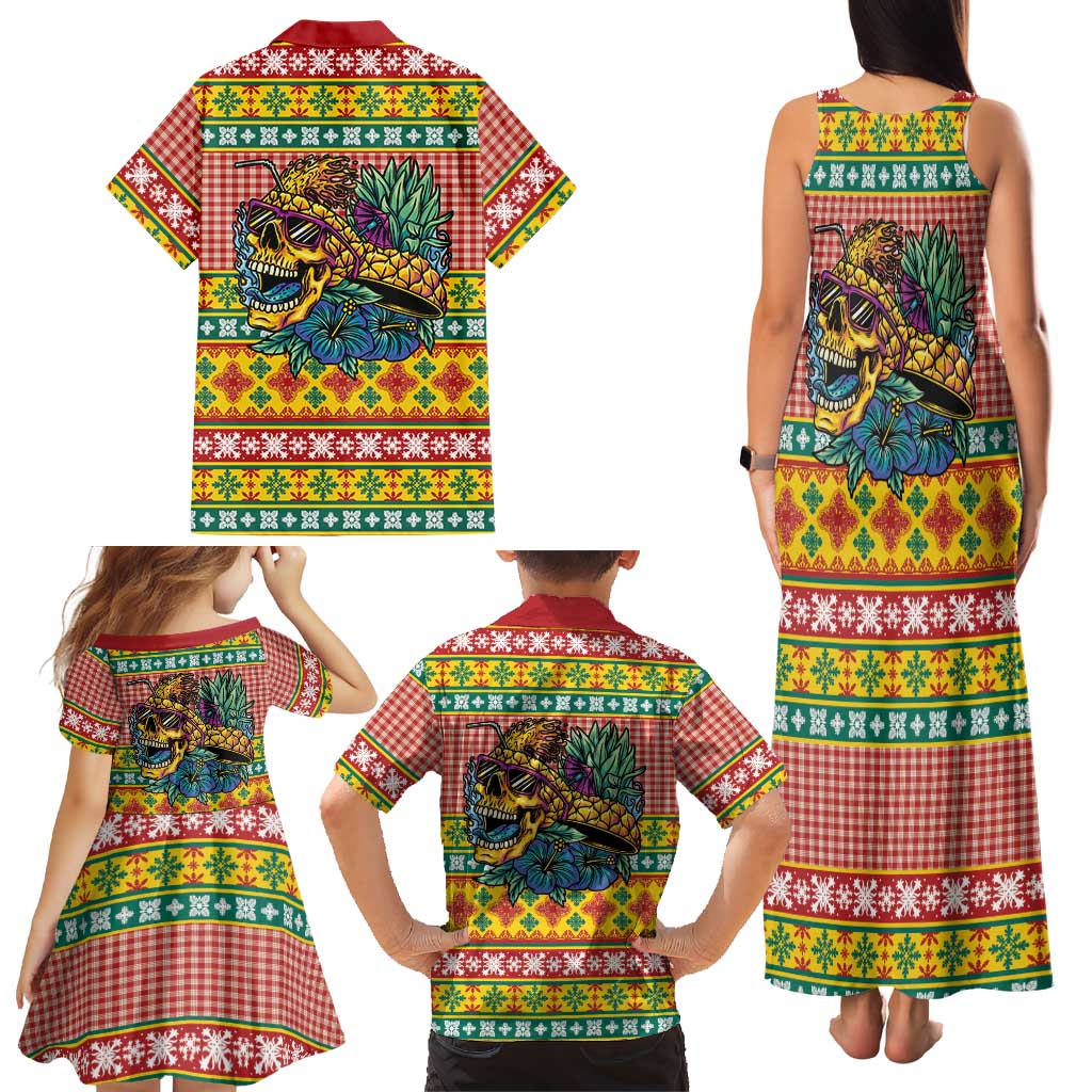 Hawaiian Pineapples Skull Family Matching Tank Maxi Dress and Hawaiian Shirt Mele Kalikimaka Palaka Quilt Pattern - Polynesian Pride