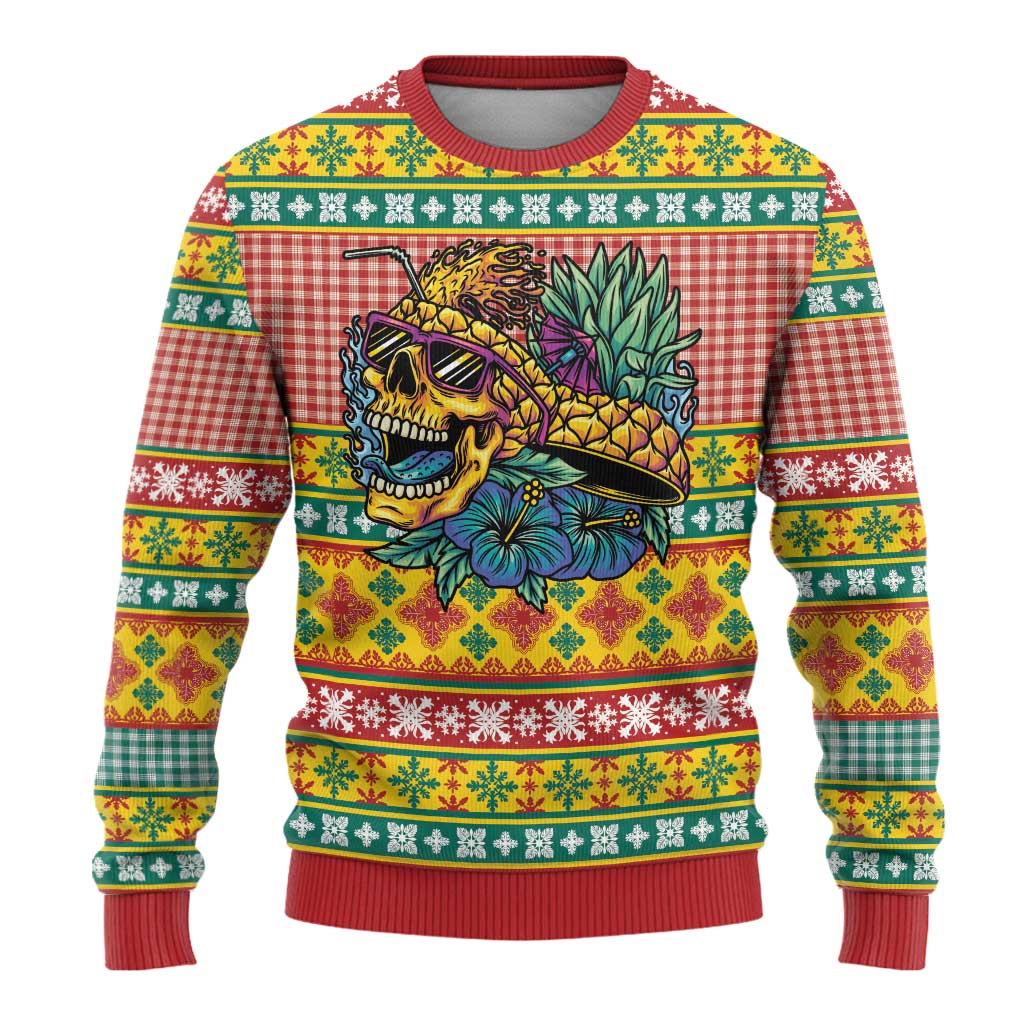 Hawaiian Pineapples Skull Ugly Christmas Sweater Mele Kalikimaka Palaka Quilt Pattern - Polynesian Pride