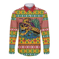 Hawaiian Pineapples Skull Long Sleeve Button Shirt Mele Kalikimaka Palaka Quilt Pattern - Polynesian Pride