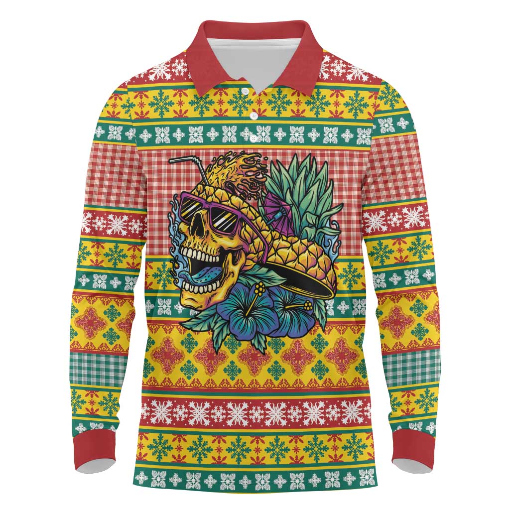 Hawaiian Pineapples Skull Long Sleeve Polo Shirt Mele Kalikimaka Palaka Quilt Pattern - Polynesian Pride