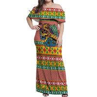 Hawaiian Pineapples Skull Off Shoulder Maxi Dress Mele Kalikimaka Palaka Quilt Pattern - Polynesian Pride