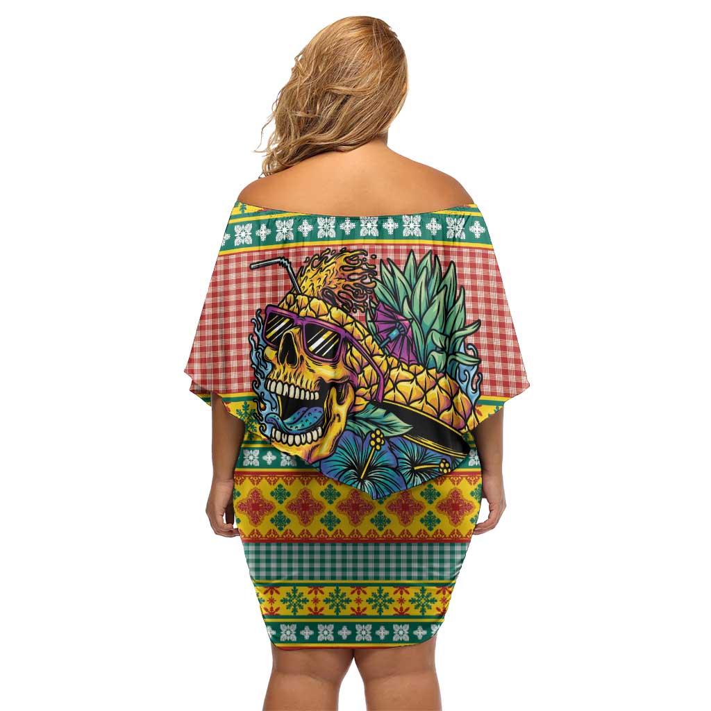 Hawaiian Pineapples Skull Off Shoulder Short Dress Mele Kalikimaka Palaka Quilt Pattern - Polynesian Pride