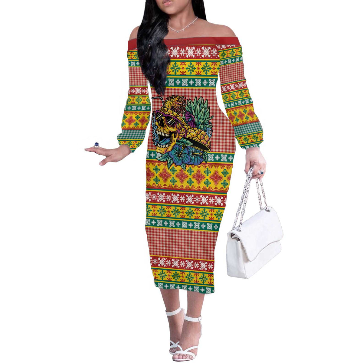 Hawaiian Pineapples Skull Off The Shoulder Long Sleeve Dress Mele Kalikimaka Palaka Quilt Pattern - Polynesian Pride
