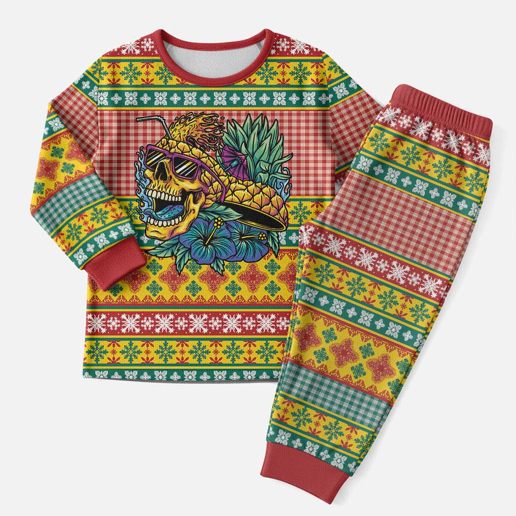 Hawaiian Pineapples Skull Christmas Pajama Set Mele Kalikimaka Palaka Quilt Pattern - Polynesian Pride