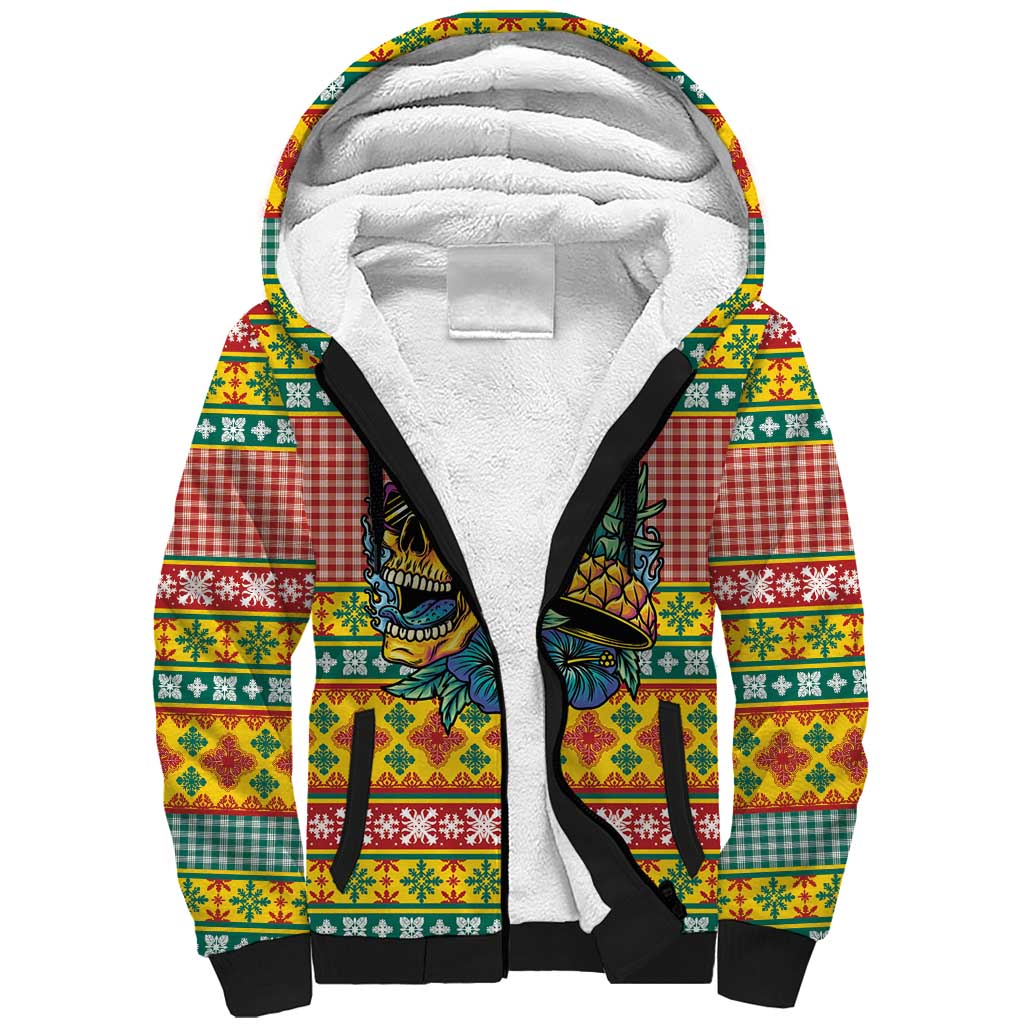 Hawaiian Pineapples Skull Sherpa Hoodie Mele Kalikimaka Palaka Quilt Pattern - Polynesian Pride