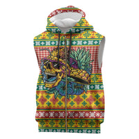 Hawaiian Pineapples Skull Sleeveless Zip Hoodie Mele Kalikimaka Palaka Quilt Pattern - Polynesian Pride