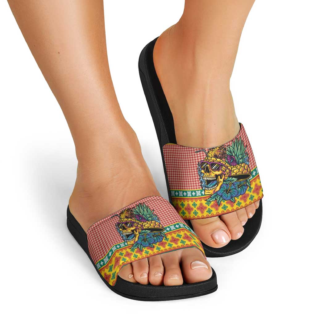 Hawaiian Pineapples Skull Slide Sandals Mele Kalikimaka Palaka Quilt Pattern - Polynesian Pride