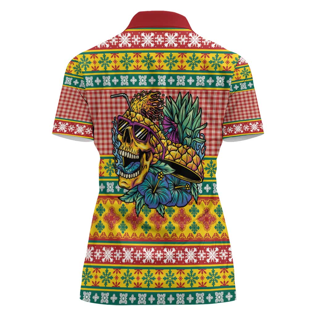 Hawaiian Pineapples Skull Women Polo Shirt Mele Kalikimaka Palaka Quilt Pattern - Polynesian Pride