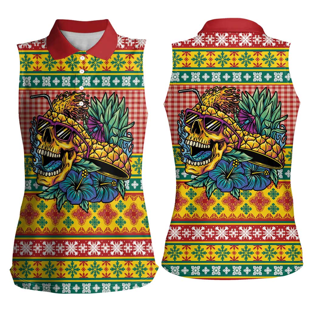 Hawaiian Pineapples Skull Women Sleeveless Polo Shirt Mele Kalikimaka Palaka Quilt Pattern - Polynesian Pride