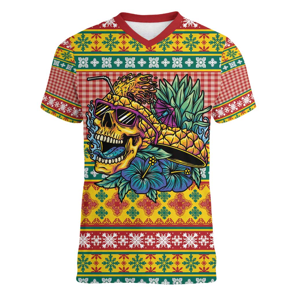 Hawaiian Pineapples Skull Women V-Neck T-Shirt Mele Kalikimaka Palaka Quilt Pattern - Polynesian Pride