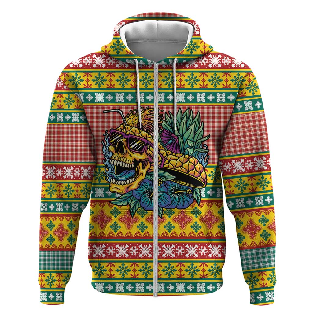 Hawaiian Pineapples Skull Zip Hoodie Mele Kalikimaka Palaka Quilt Pattern - Polynesian Pride