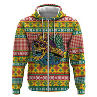 Hawaiian Pineapples Skull Zip Hoodie Mele Kalikimaka Palaka Quilt Pattern - Polynesian Pride