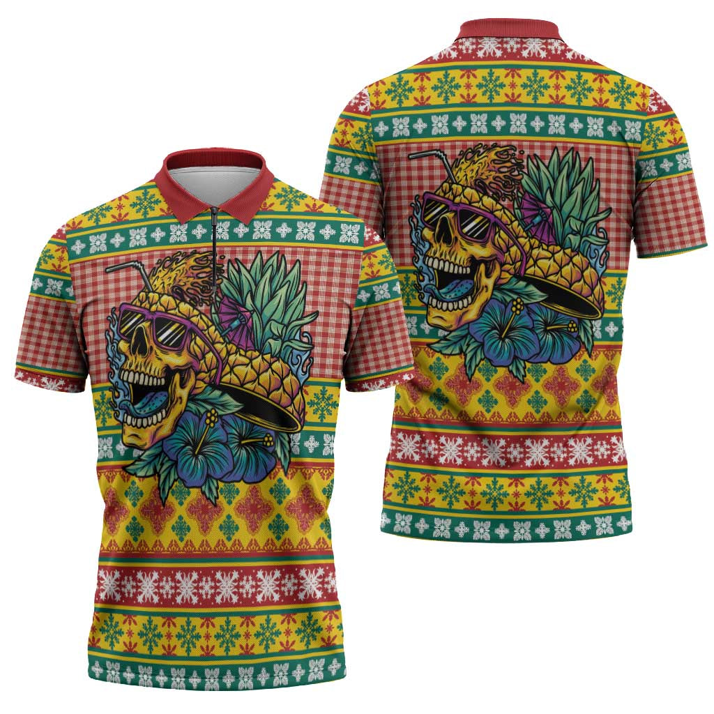 Hawaiian Pineapples Skull Zipper Polo Shirt Mele Kalikimaka Palaka Quilt Pattern - Polynesian Pride