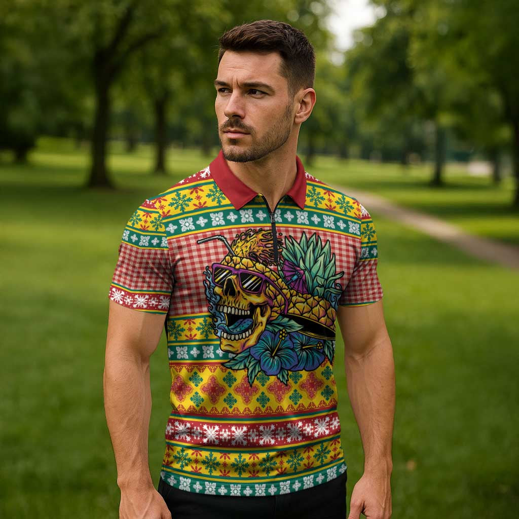 Hawaiian Pineapples Skull Zipper Polo Shirt Mele Kalikimaka Palaka Quilt Pattern - Polynesian Pride