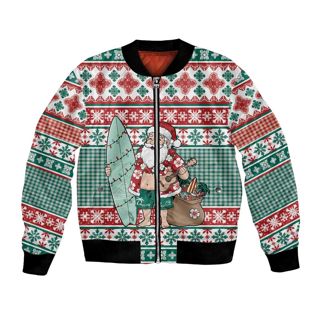 Hawaiian Funny Santa Surf Bomber Jacket Mele Kalikimaka Palaka Quilt Pattern - Polynesian Pride