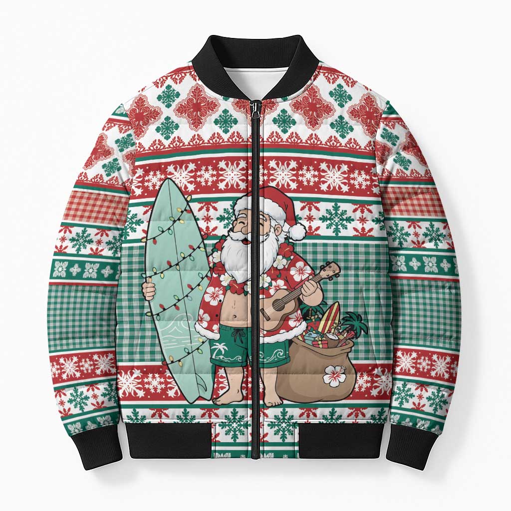 Hawaiian Funny Santa Surf Bomber Puffer Jacket Mele Kalikimaka Palaka Quilt Pattern - Polynesian Pride
