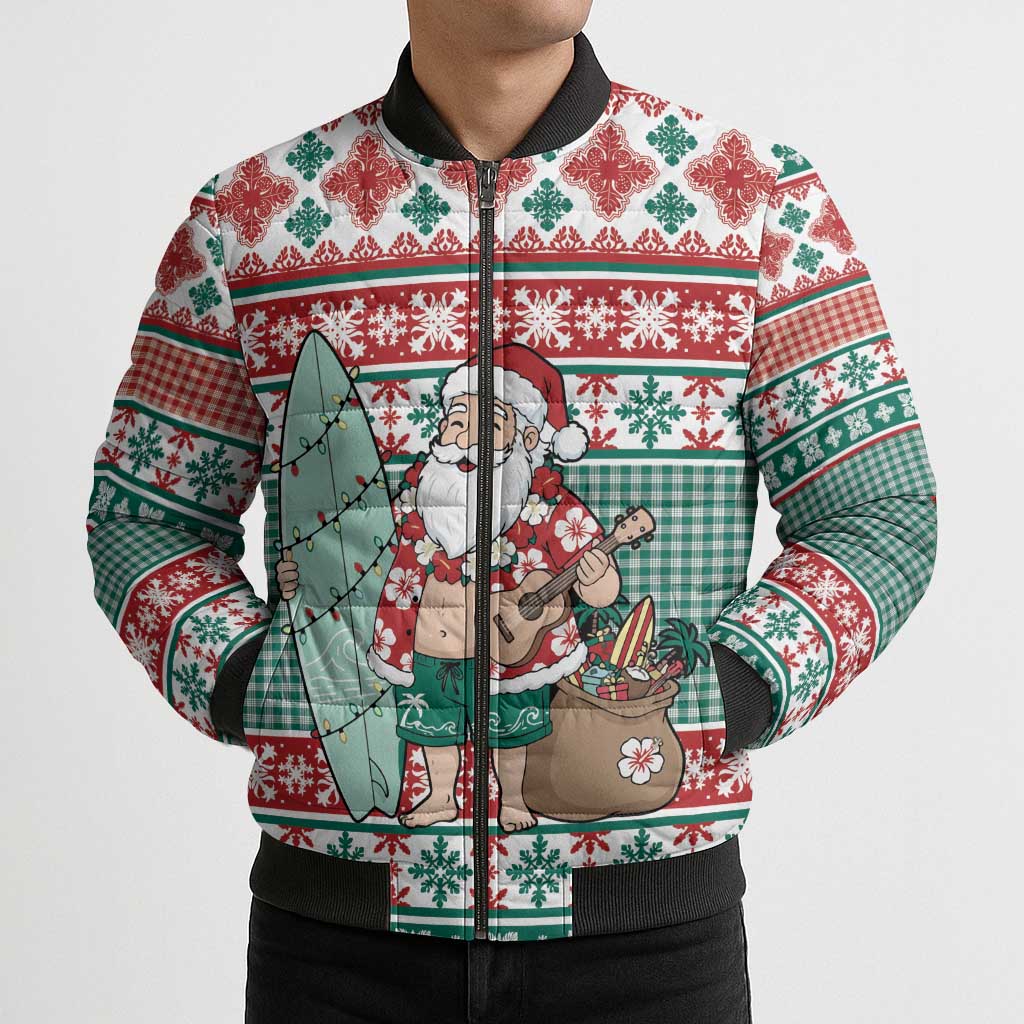 Hawaiian Funny Santa Surf Bomber Puffer Jacket Mele Kalikimaka Palaka Quilt Pattern - Polynesian Pride