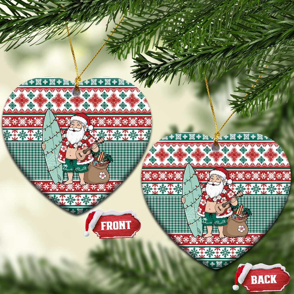 Hawaiian Funny Santa Surf Ceramic Ornament Mele Kalikimaka Palaka Quilt Pattern - Polynesian Pride