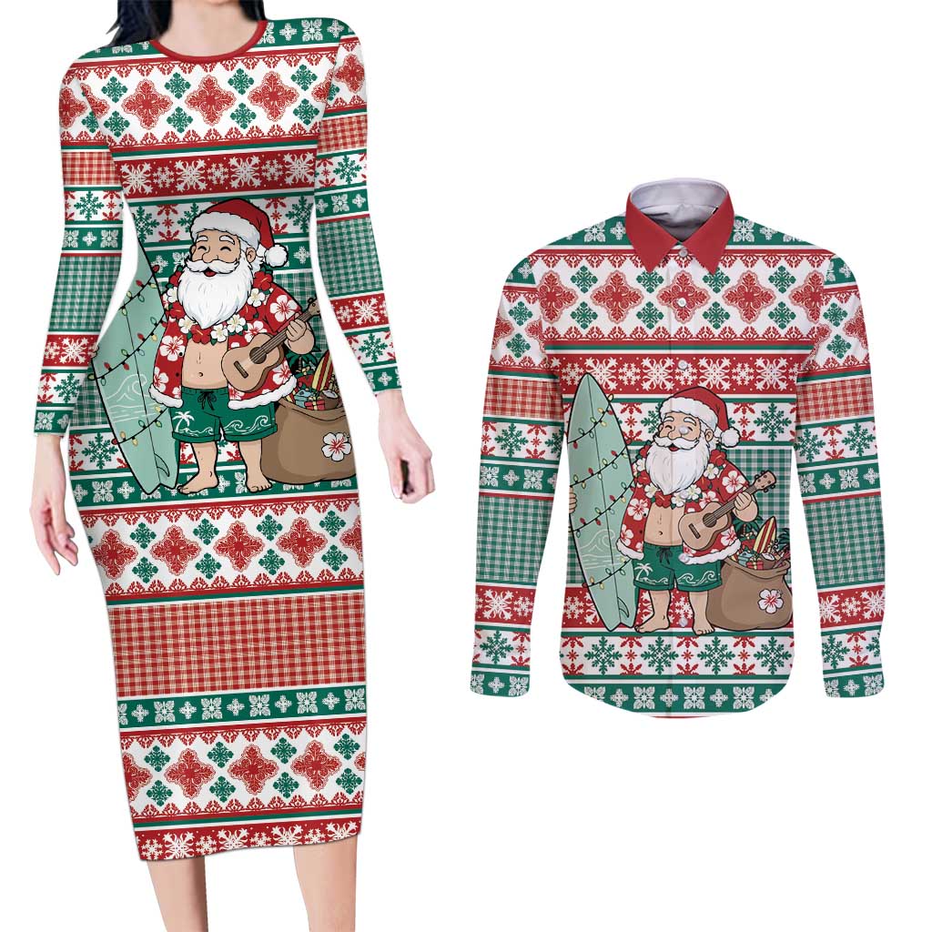 Hawaiian Funny Santa Surf Couples Matching Long Sleeve Bodycon Dress and Long Sleeve Button Shirt Mele Kalikimaka Palaka Quilt Pattern - Polynesian Pride
