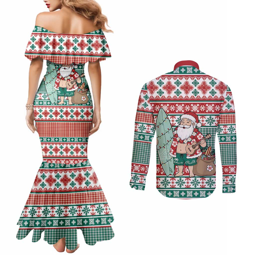 Hawaiian Funny Santa Surf Couples Matching Mermaid Dress and Long Sleeve Button Shirt Mele Kalikimaka Palaka Quilt Pattern - Polynesian Pride