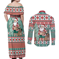 Hawaiian Funny Santa Surf Couples Matching Off Shoulder Maxi Dress and Long Sleeve Button Shirt Mele Kalikimaka Palaka Quilt Pattern - Polynesian Pride