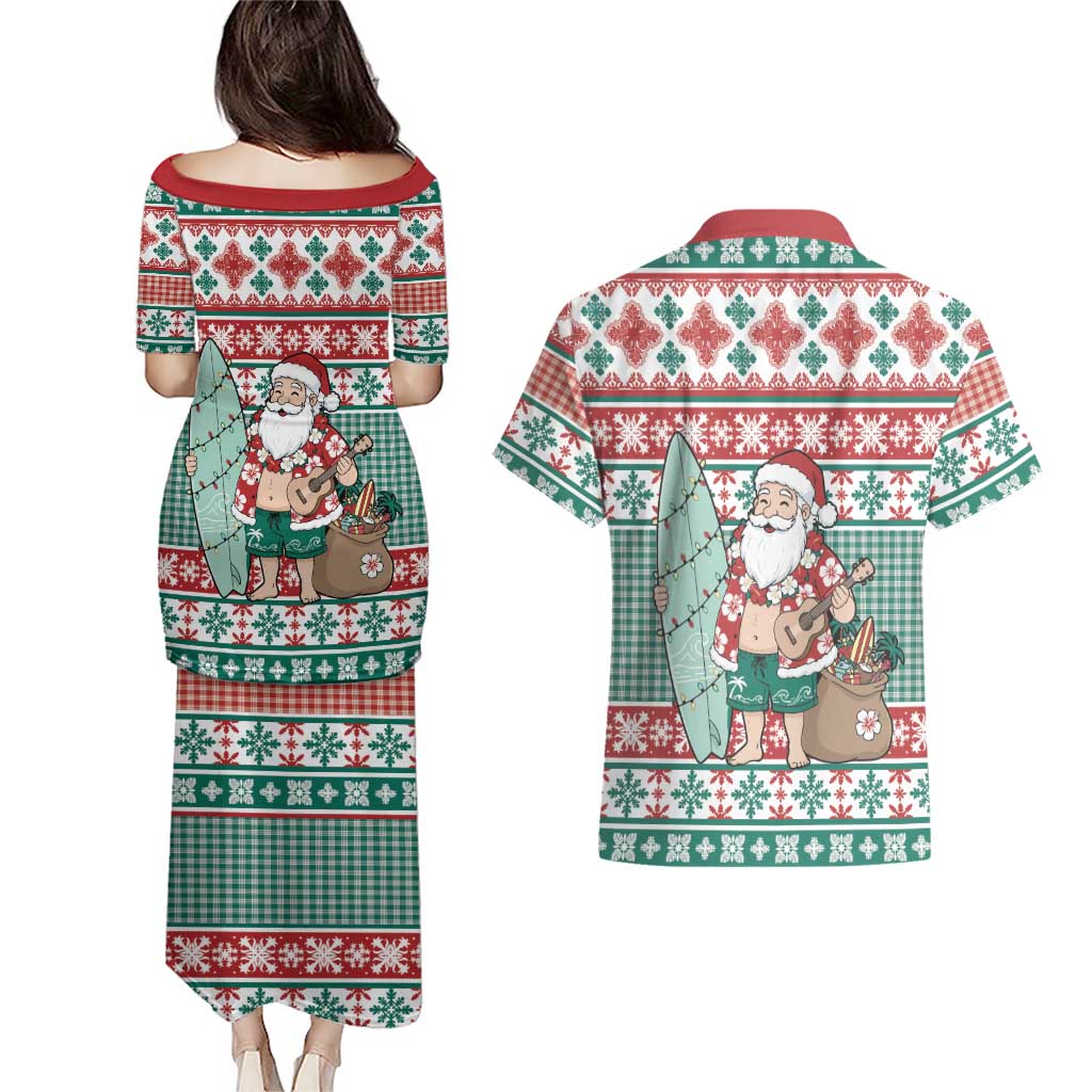 Hawaiian Funny Santa Surf Couples Matching Puletasi and Hawaiian Shirt Mele Kalikimaka Palaka Quilt Pattern LT9 - Polynesian Pride