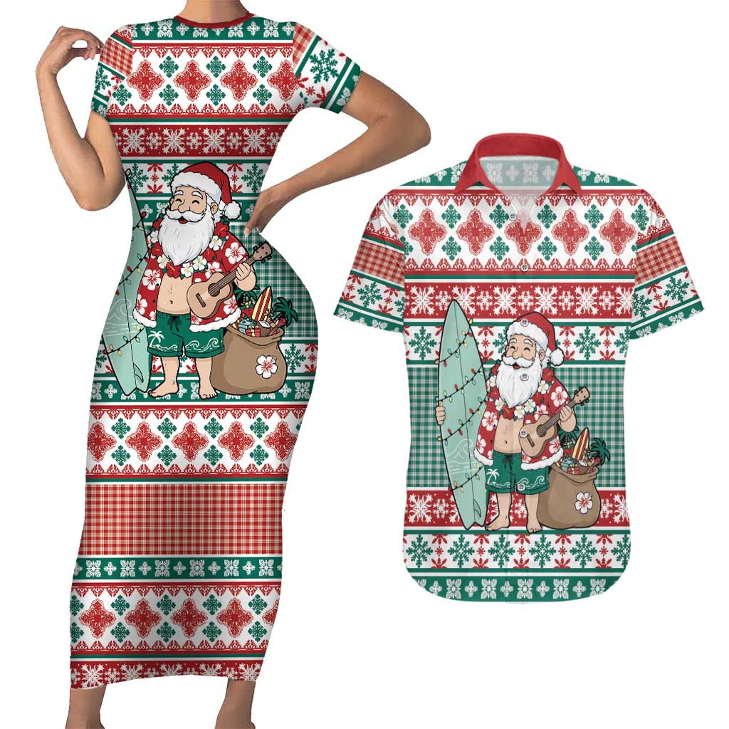 Hawaiian Funny Santa Surf Couples Matching Short Sleeve Bodycon Dress and Hawaiian Shirt Mele Kalikimaka Palaka Quilt Pattern LT9 Green - Polynesian Pride