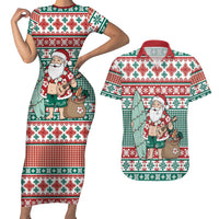 Hawaiian Funny Santa Surf Couples Matching Short Sleeve Bodycon Dress and Hawaiian Shirt Mele Kalikimaka Palaka Quilt Pattern LT9 Green - Polynesian Pride