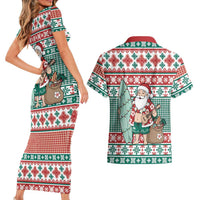 Hawaiian Funny Santa Surf Couples Matching Short Sleeve Bodycon Dress and Hawaiian Shirt Mele Kalikimaka Palaka Quilt Pattern LT9 - Polynesian Pride