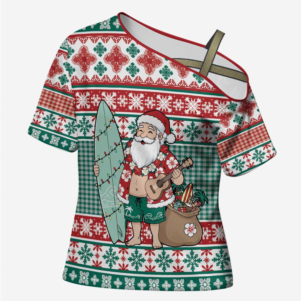Hawaiian Funny Santa Surf Cross Shoulder Shirt Mele Kalikimaka Palaka Quilt Pattern - Polynesian Pride