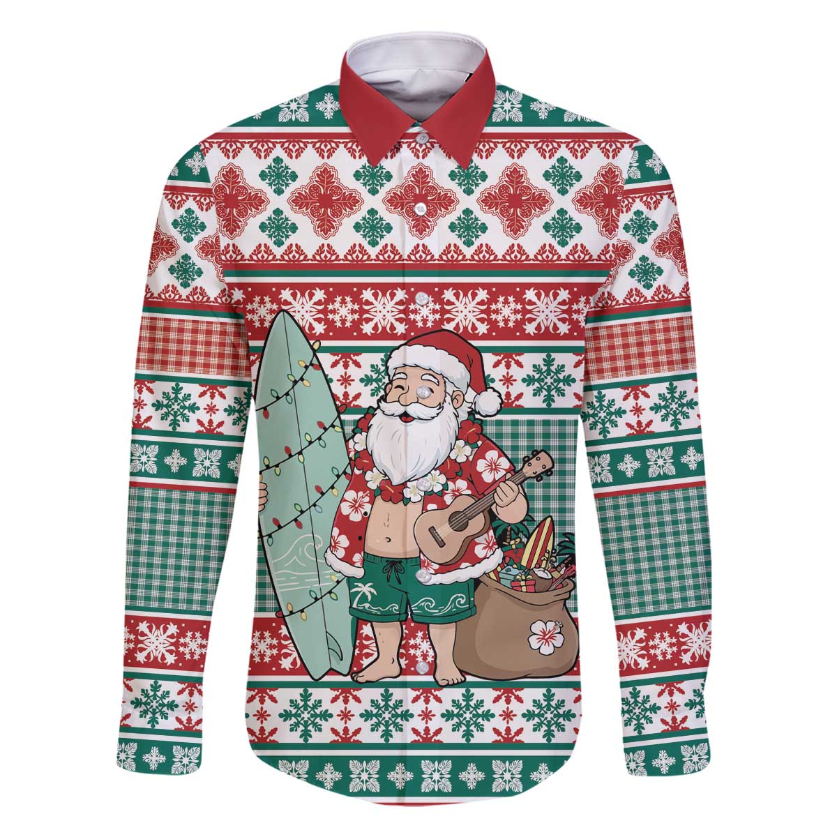 Hawaiian Funny Santa Surf Family Matching Off The Shoulder Long Sleeve Dress and Hawaiian Shirt Mele Kalikimaka Palaka Quilt Pattern - Polynesian Pride