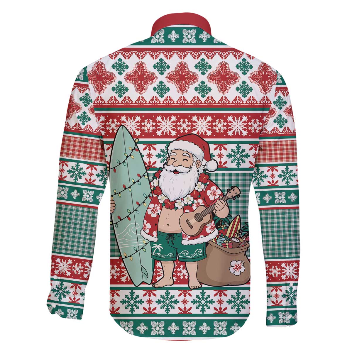 Hawaiian Funny Santa Surf Family Matching Off The Shoulder Long Sleeve Dress and Hawaiian Shirt Mele Kalikimaka Palaka Quilt Pattern - Polynesian Pride