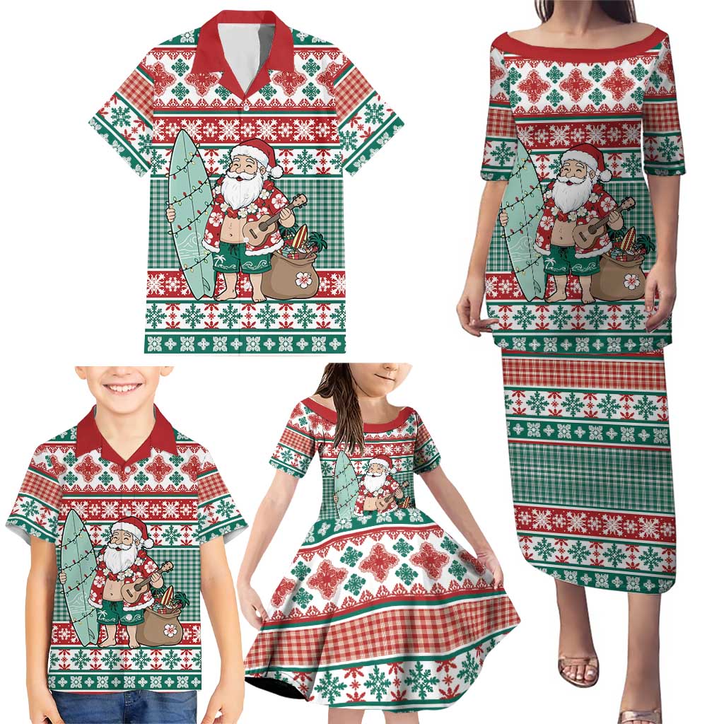 Hawaiian Funny Santa Surf Family Matching Puletasi and Hawaiian Shirt Mele Kalikimaka Palaka Quilt Pattern - Polynesian Pride