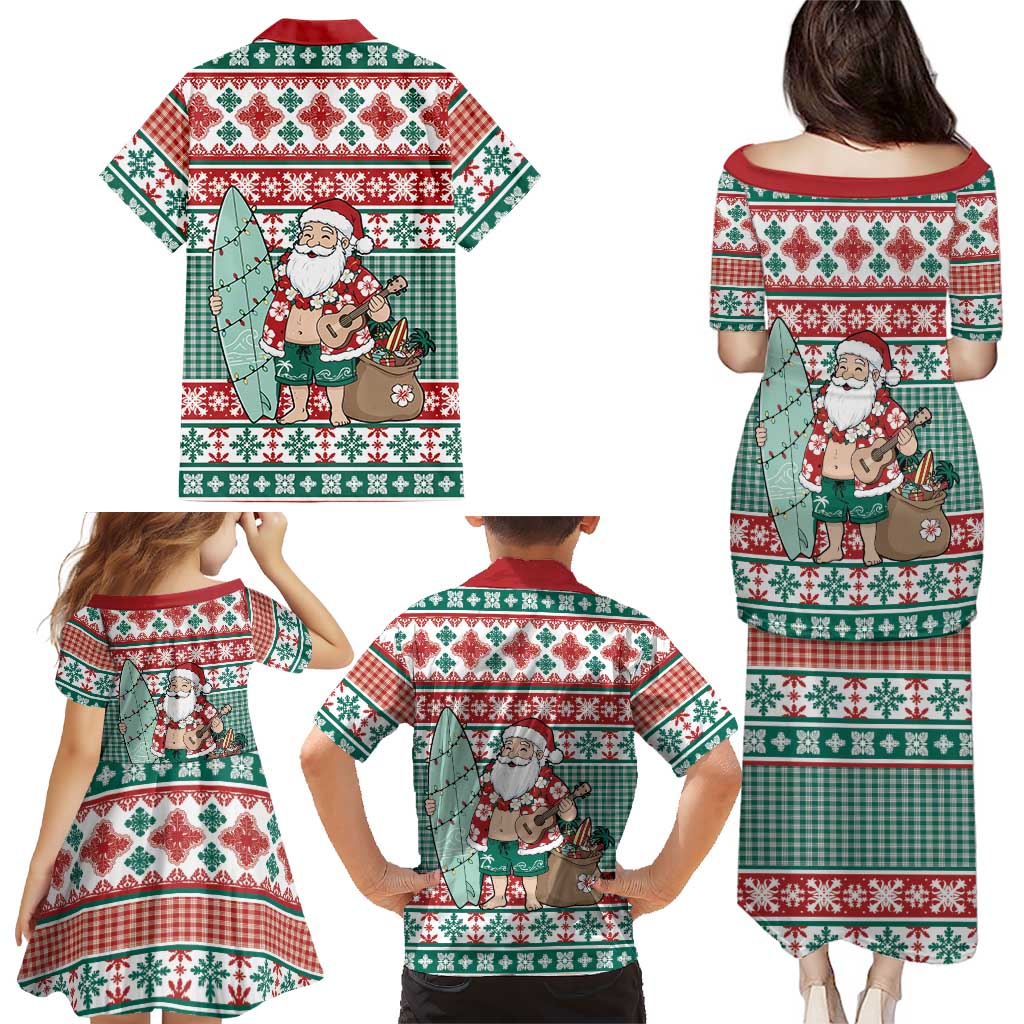 Hawaiian Funny Santa Surf Family Matching Puletasi and Hawaiian Shirt Mele Kalikimaka Palaka Quilt Pattern - Polynesian Pride