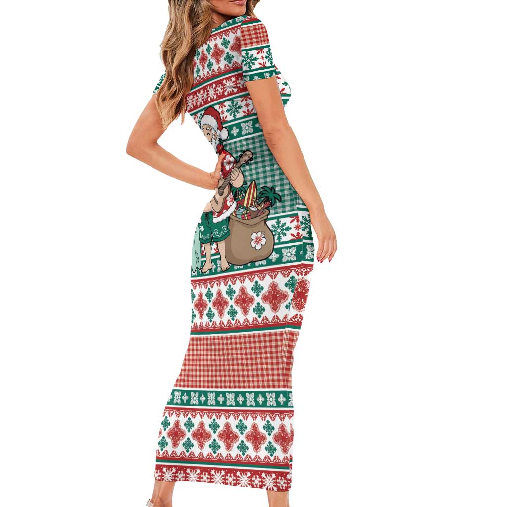 Hawaiian Funny Santa Surf Family Matching Short Sleeve Bodycon Dress and Hawaiian Shirt Mele Kalikimaka Palaka Quilt Pattern LT9 - Polynesian Pride