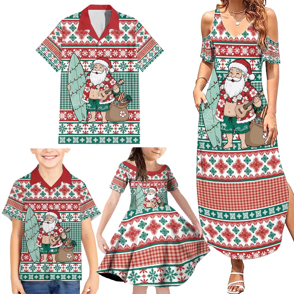 Hawaiian Funny Santa Surf Family Matching Summer Maxi Dress and Hawaiian Shirt Mele Kalikimaka Palaka Quilt Pattern - Polynesian Pride