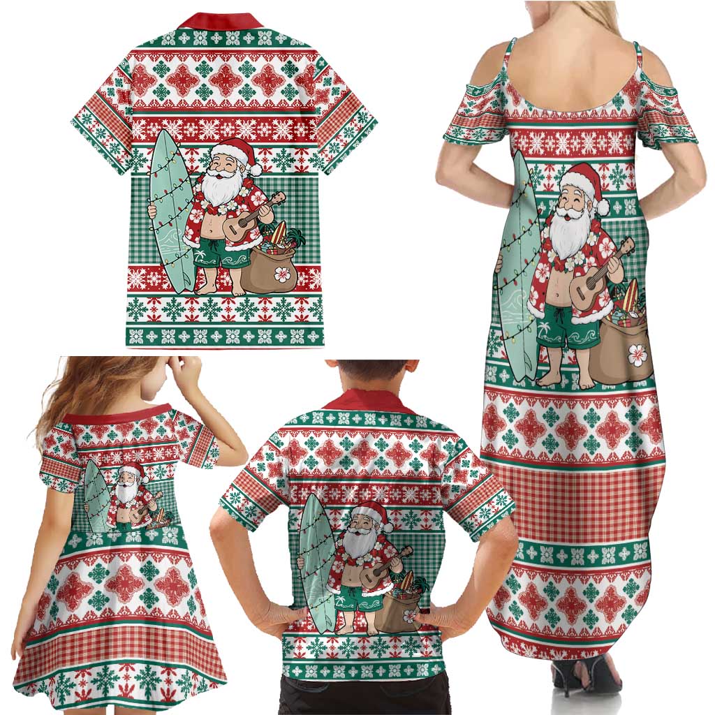 Hawaiian Funny Santa Surf Family Matching Summer Maxi Dress and Hawaiian Shirt Mele Kalikimaka Palaka Quilt Pattern - Polynesian Pride