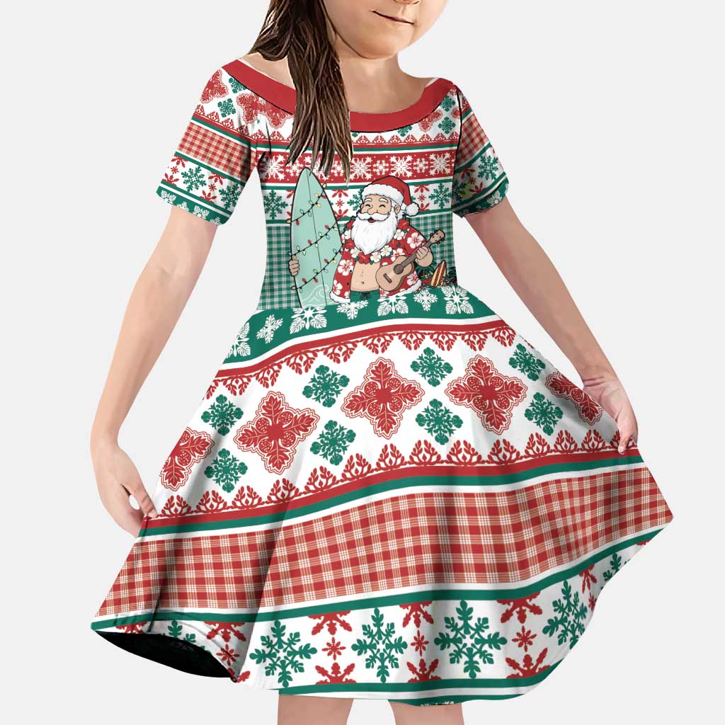 Hawaiian Funny Santa Surf Family Matching Tank Maxi Dress and Hawaiian Shirt Mele Kalikimaka Palaka Quilt Pattern LT9 Daughter's Dress Green - Polynesian Pride
