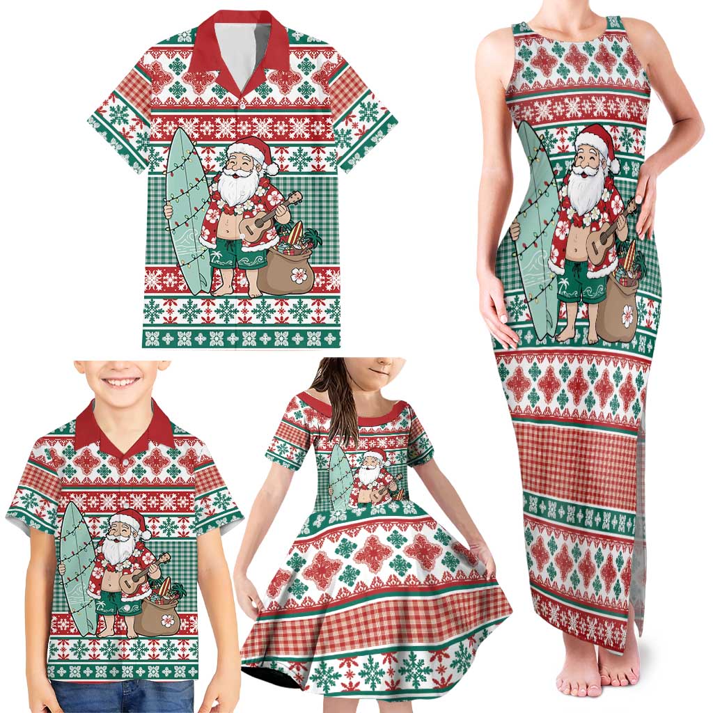 Hawaiian Funny Santa Surf Family Matching Tank Maxi Dress and Hawaiian Shirt Mele Kalikimaka Palaka Quilt Pattern - Polynesian Pride