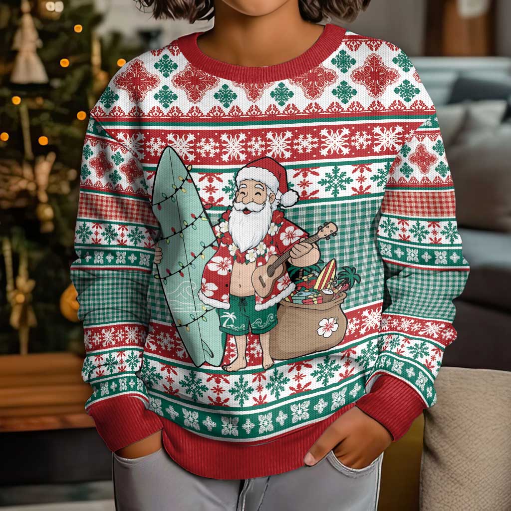 Hawaiian Funny Santa Surf Kid Ugly Christmas Sweater Mele Kalikimaka Palaka Quilt Pattern - Polynesian Pride