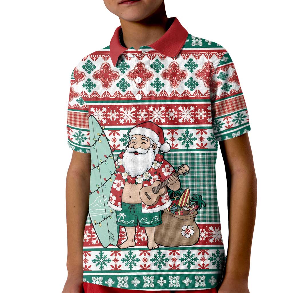 Hawaiian Funny Santa Surf Kid Polo Shirt Mele Kalikimaka Palaka Quilt Pattern - Polynesian Pride