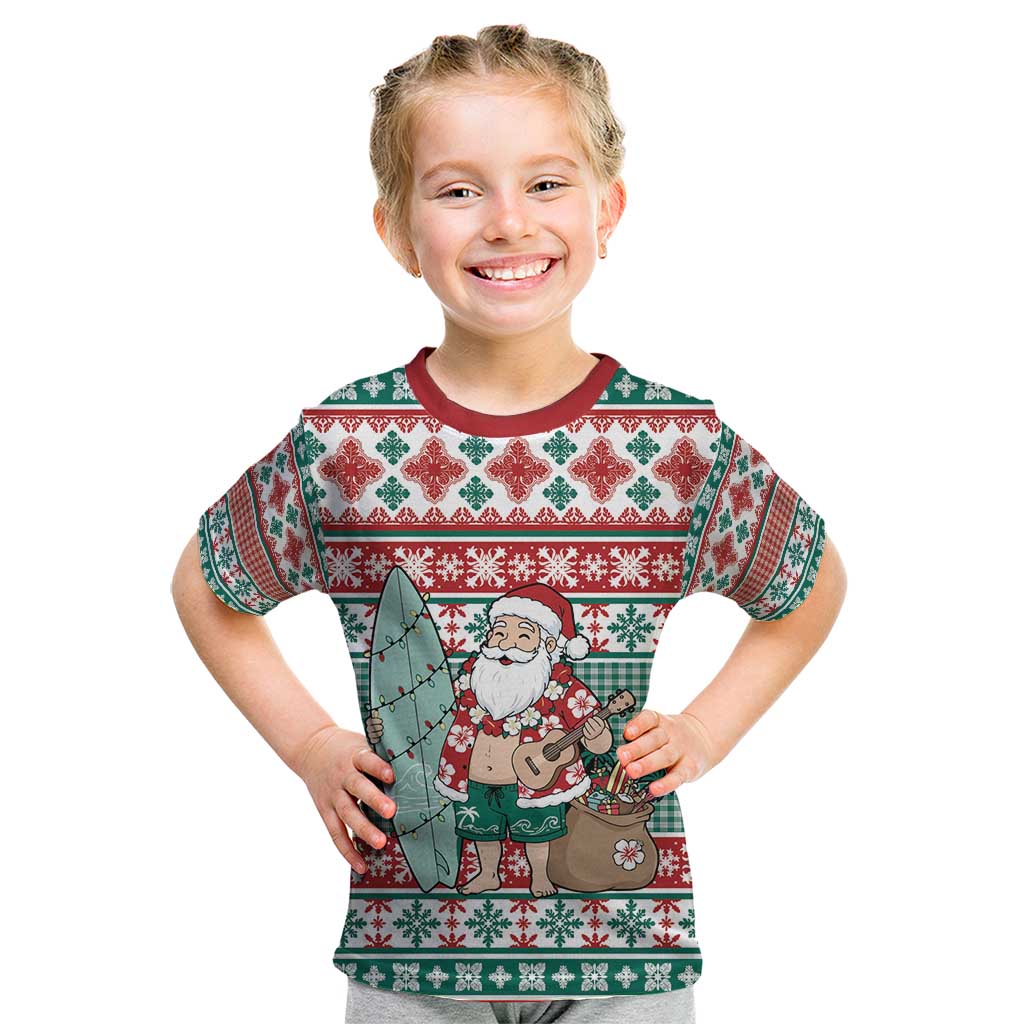 Hawaiian Funny Santa Surf Kid T Shirt Mele Kalikimaka Palaka Quilt Pattern - Polynesian Pride