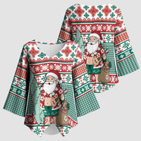 Hawaiian Funny Santa Surf Kimono Sleeve Blouse Mele Kalikimaka Palaka Quilt Pattern - Polynesian Pride