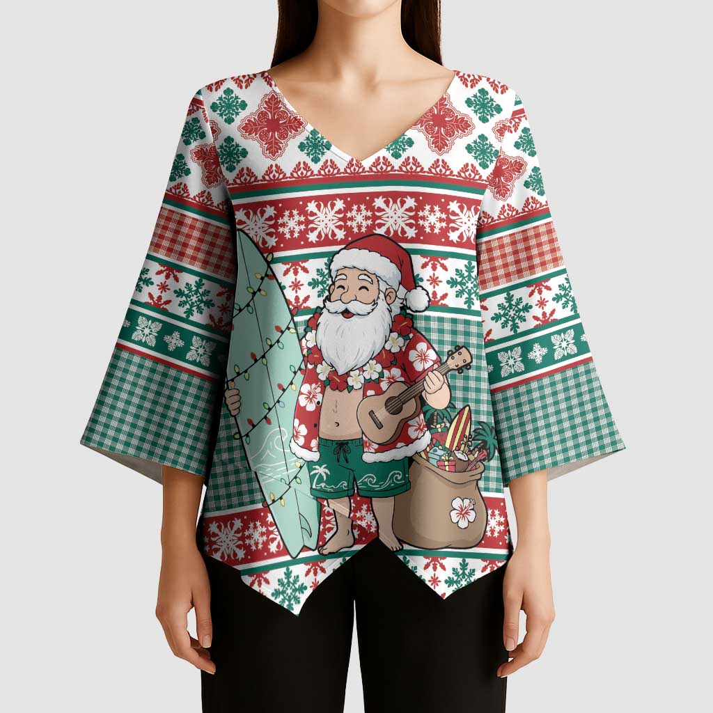 Hawaiian Funny Santa Surf Kimono Sleeve Blouse Mele Kalikimaka Palaka Quilt Pattern - Polynesian Pride