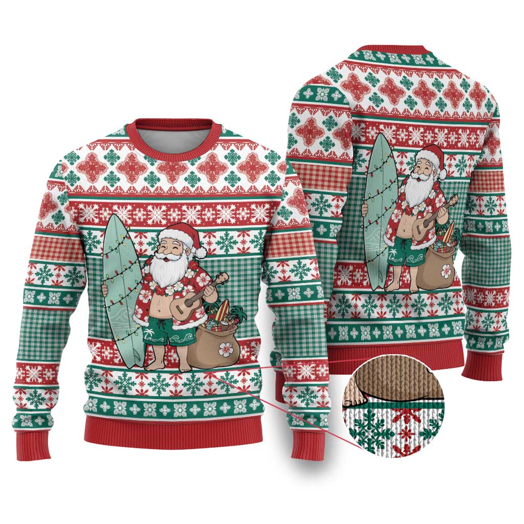 Hawaiian Funny Santa Surf Ugly Christmas Sweater Mele Kalikimaka Palaka Quilt Pattern - Polynesian Pride