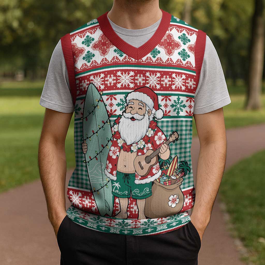 Hawaiian Funny Santa Surf Christmas Knitted V-Neck Vest Mele Kalikimaka Palaka Quilt Pattern - Polynesian Pride