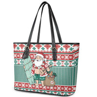 Hawaiian Funny Santa Surf Leather Tote Bag Mele Kalikimaka Palaka Quilt Pattern - Polynesian Pride