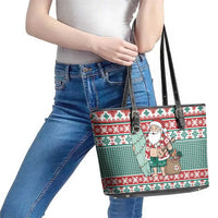 Hawaiian Funny Santa Surf Leather Tote Bag Mele Kalikimaka Palaka Quilt Pattern - Polynesian Pride