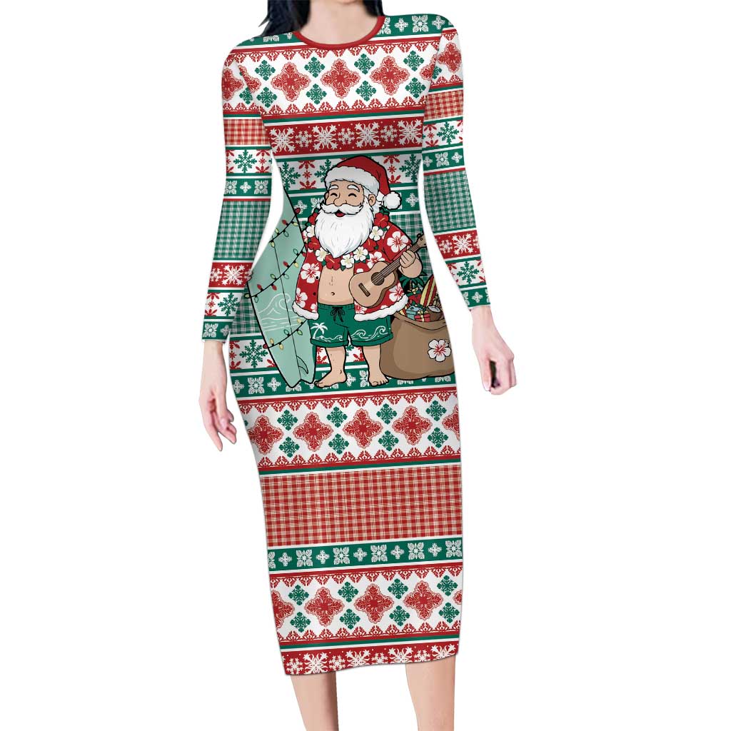 Hawaiian Funny Santa Surf Long Sleeve Bodycon Dress Mele Kalikimaka Palaka Quilt Pattern - Polynesian Pride